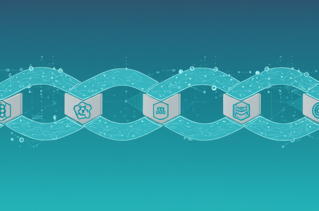 BNB Chain生態系統的風格化數位插圖，顯示互連節點、DeFi應用、NFT和區塊鏈帳本，BNB標誌位於中心。