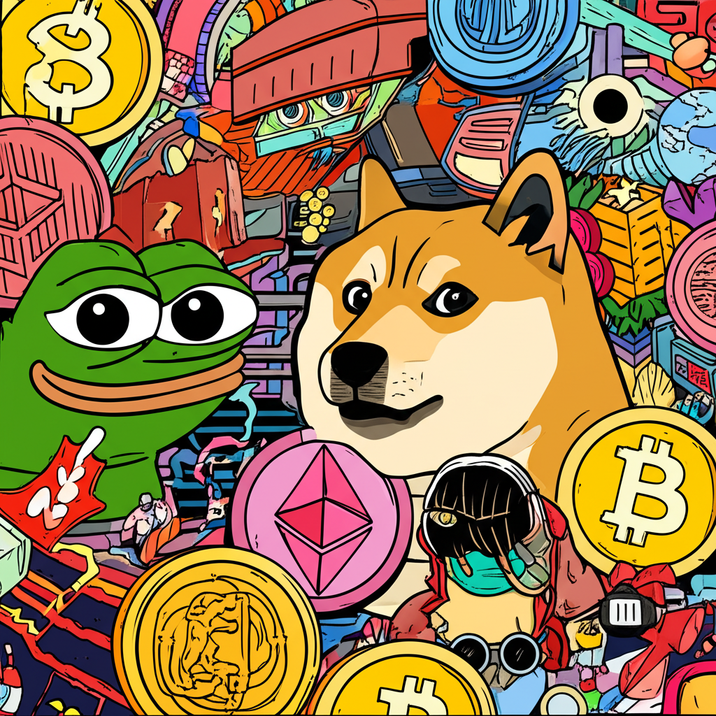 加密貨幣交易的視覺呈現，包含向上和向下趨勢的圖表，暗示著高波動性和市場投機，與迷因幣的風險相關。