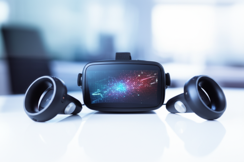 一位使用者戴著VR頭戴裝置正在體驗沉浸式虛擬世界。