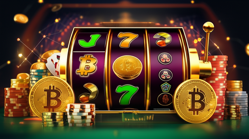 線上遊戲與加密貨幣整合的概念圖，遊戲控制器連接區塊鏈網路並流動比特幣符號。