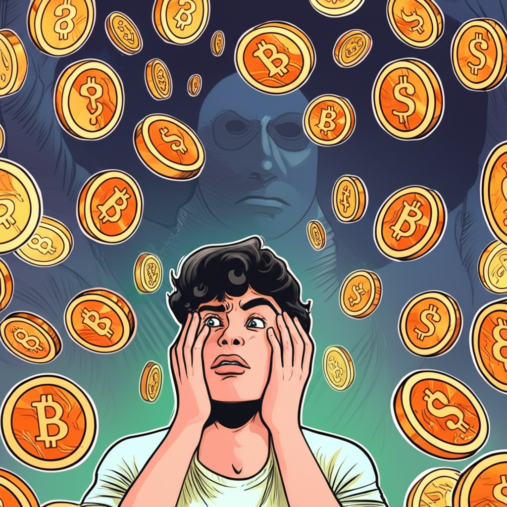 插畫描繪一人陷入困境，周圍是墜落的數位貨幣與陰影身影，象徵廣泛的虛擬貨幣詐騙與財務損失