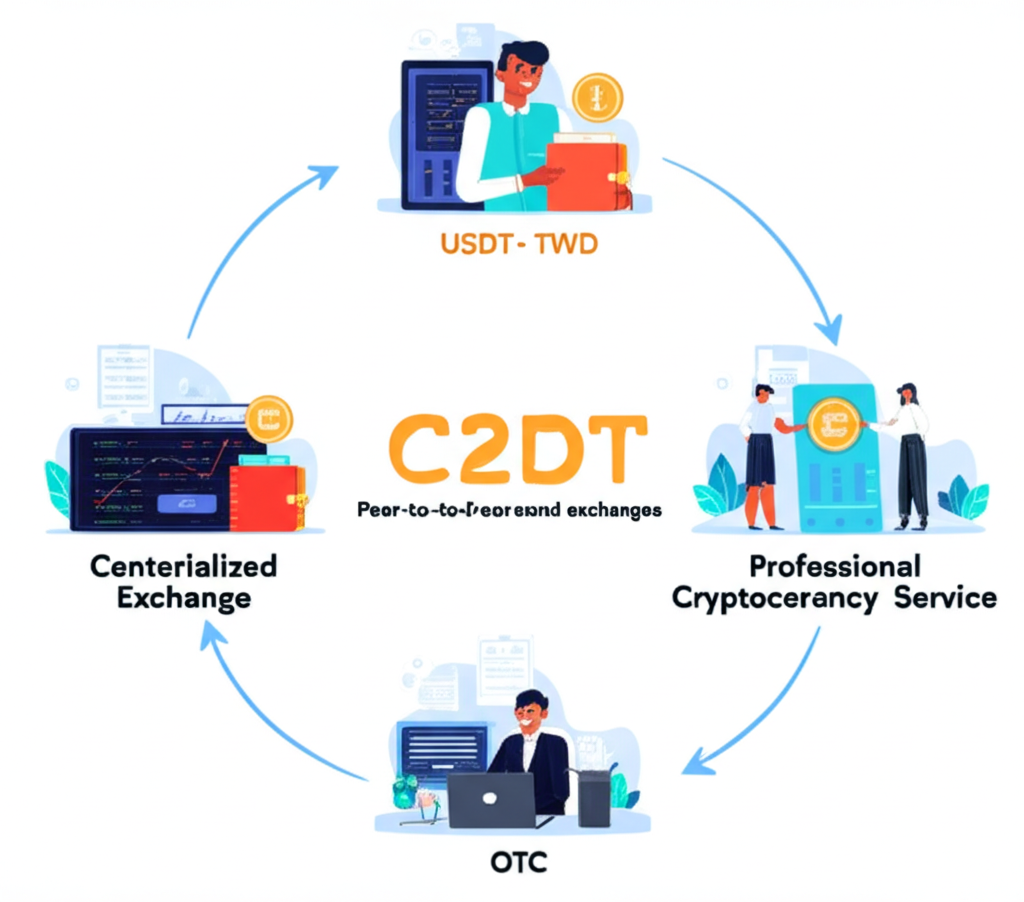 USDT兌換台幣的三種管道示意圖：CEX、C2C與OTC