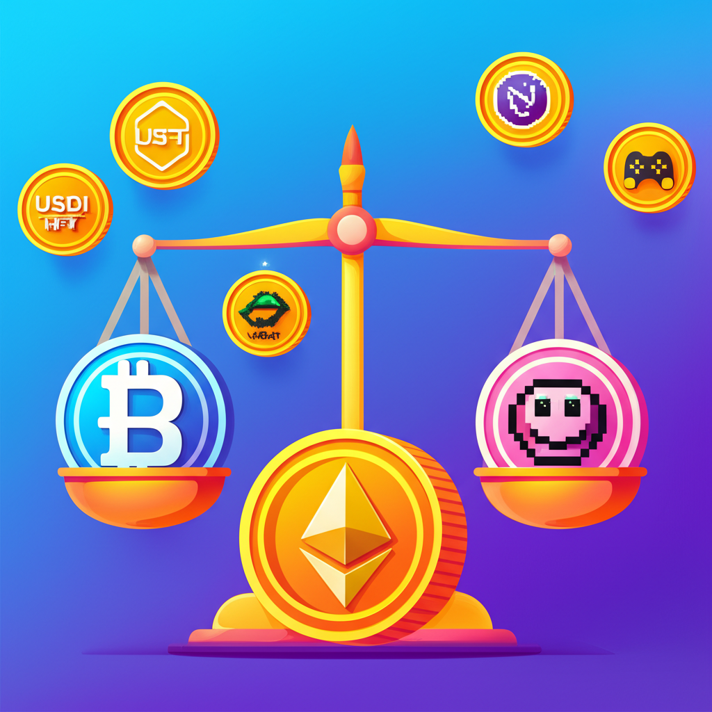 各類虛擬貨幣圖示：以BTC與ETH為基礎，穩定幣如天秤平衡，DeFi、NFT與GameFi應用圍繞周邊