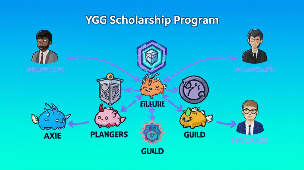 YGG獎學金計畫，NFT遊戲資產如Axie角色出借給玩家，收益由玩家、公會與管理者共享，互利共贏插畫
