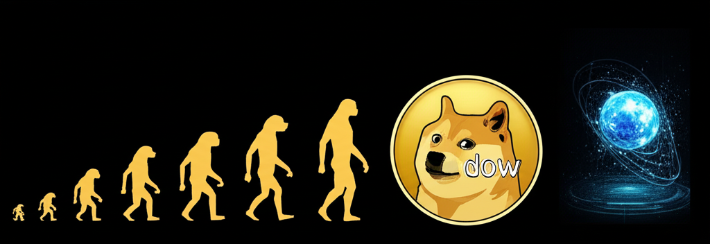 一隻柴犬（狗狗幣吉祥物）疊加在數位背景上，背景有加密貨幣圖表和符號。