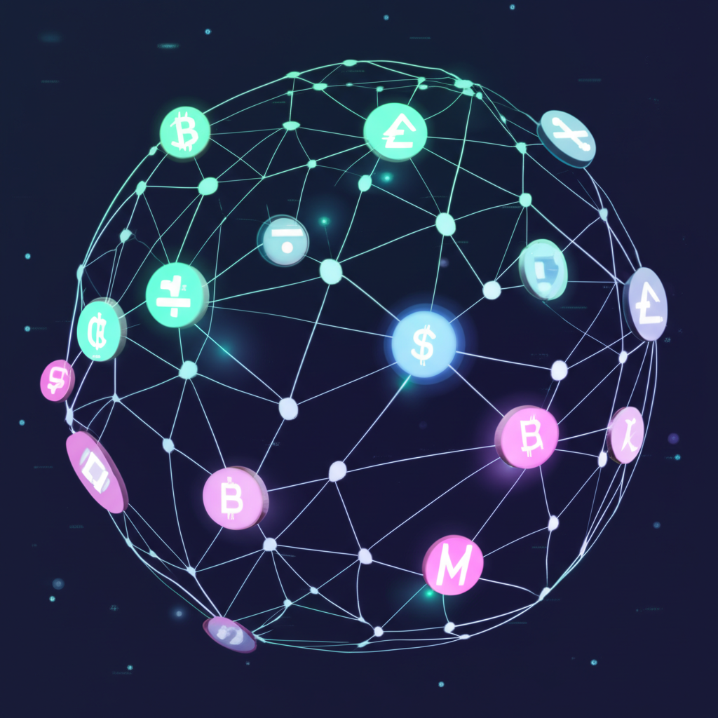 一張精密的數位圖，代表 Chainlink 的代幣經濟學，重點在 LINK 代幣累積、質押和 Chainlink 儲備金庫。