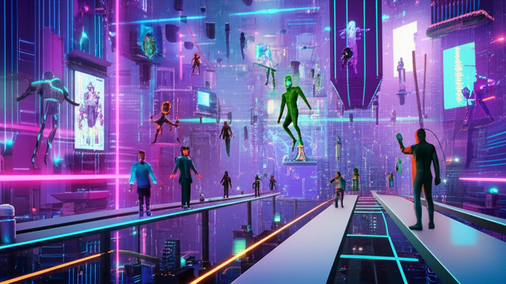 人們在虛擬世界中互動，展現元宇宙的概念。