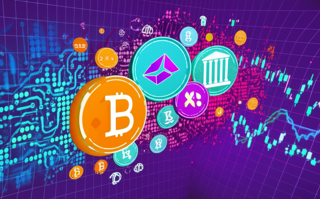 去中心化金融（DeFi）的抽象表示，具有相互連接的節點和數位貨幣符號。