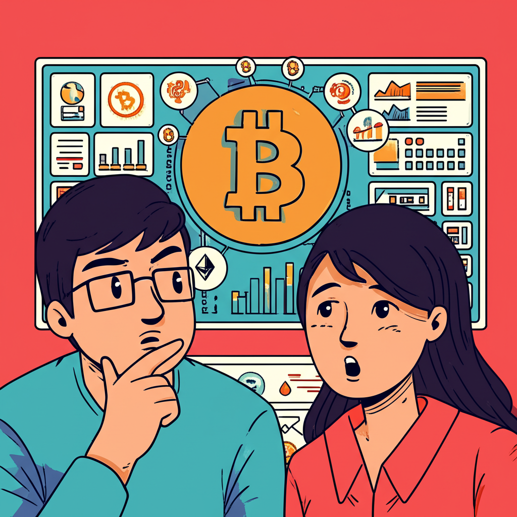 台灣與香港新手投資者面對加密貨幣介面的困惑情境插畫