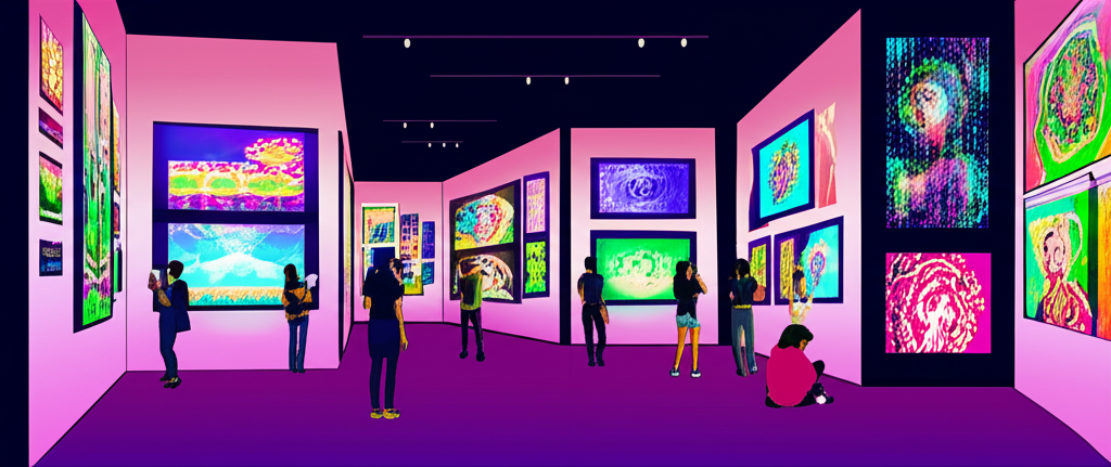 一座展示著充滿活力的數位NFT藝術品的未來感藝廊，人們正驚嘆地欣賞。
