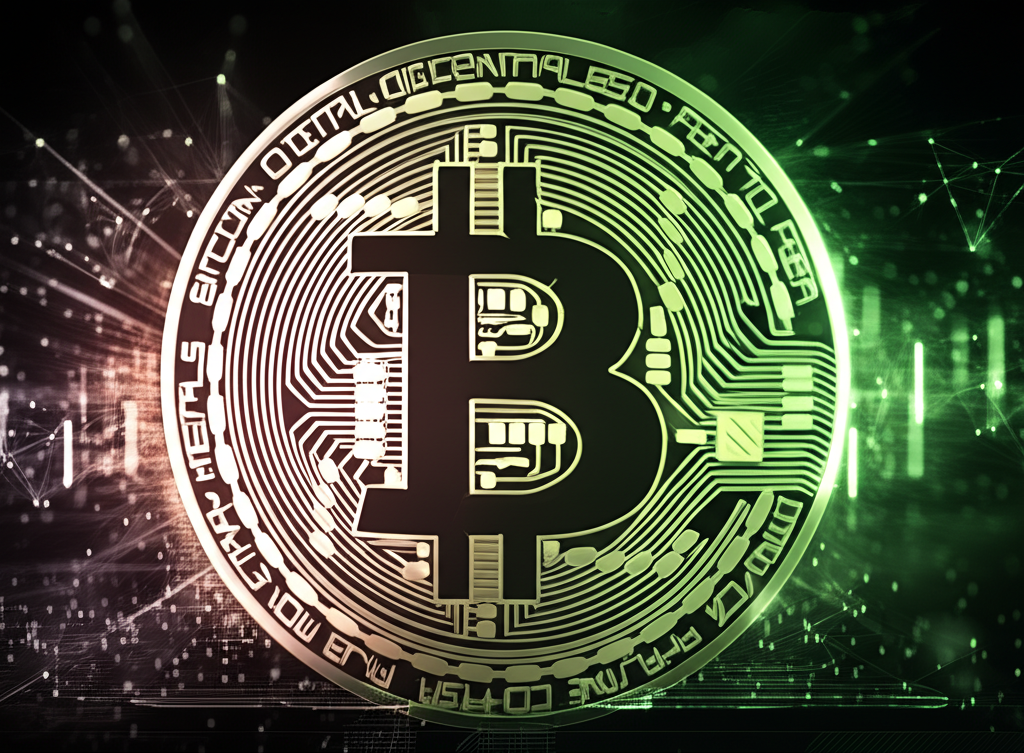 比特幣價格飆升至歷史新高，數位貨幣符號與上升趨勢箭頭在城市金融天際線背景下，充滿突破與樂觀氛圍。