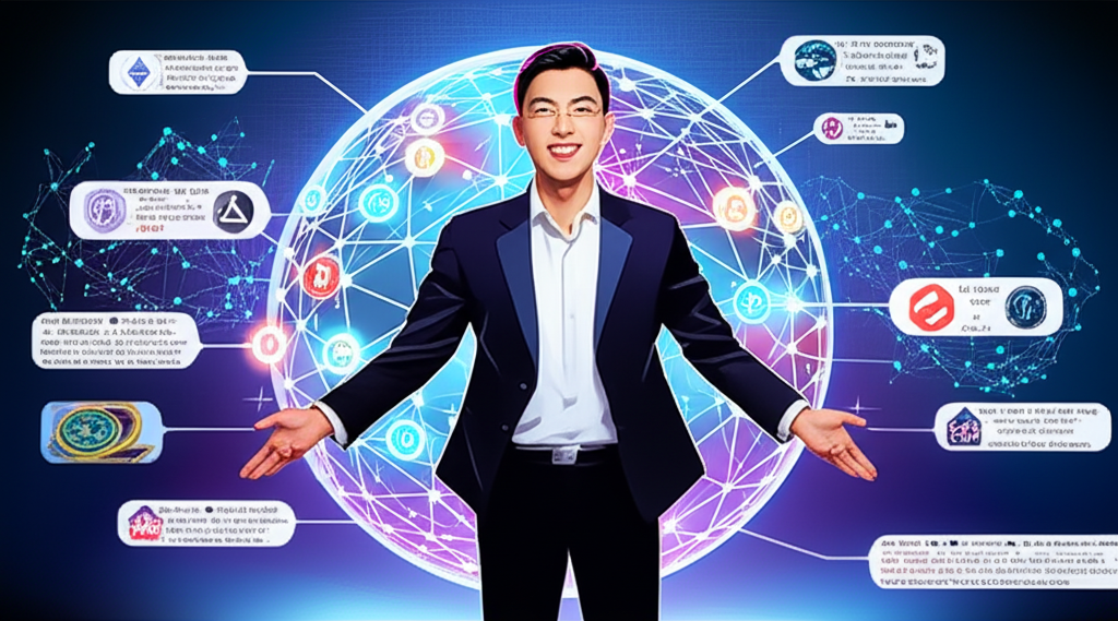 孫宇晨站在區塊鏈節點組成的地球前，象徵其推動全球去中心化網絡的影響力