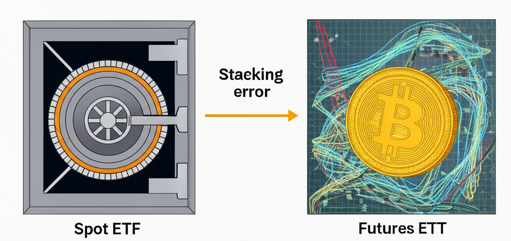 比特幣現貨ETF機制對比圖：實物持有 vs 期貨合約