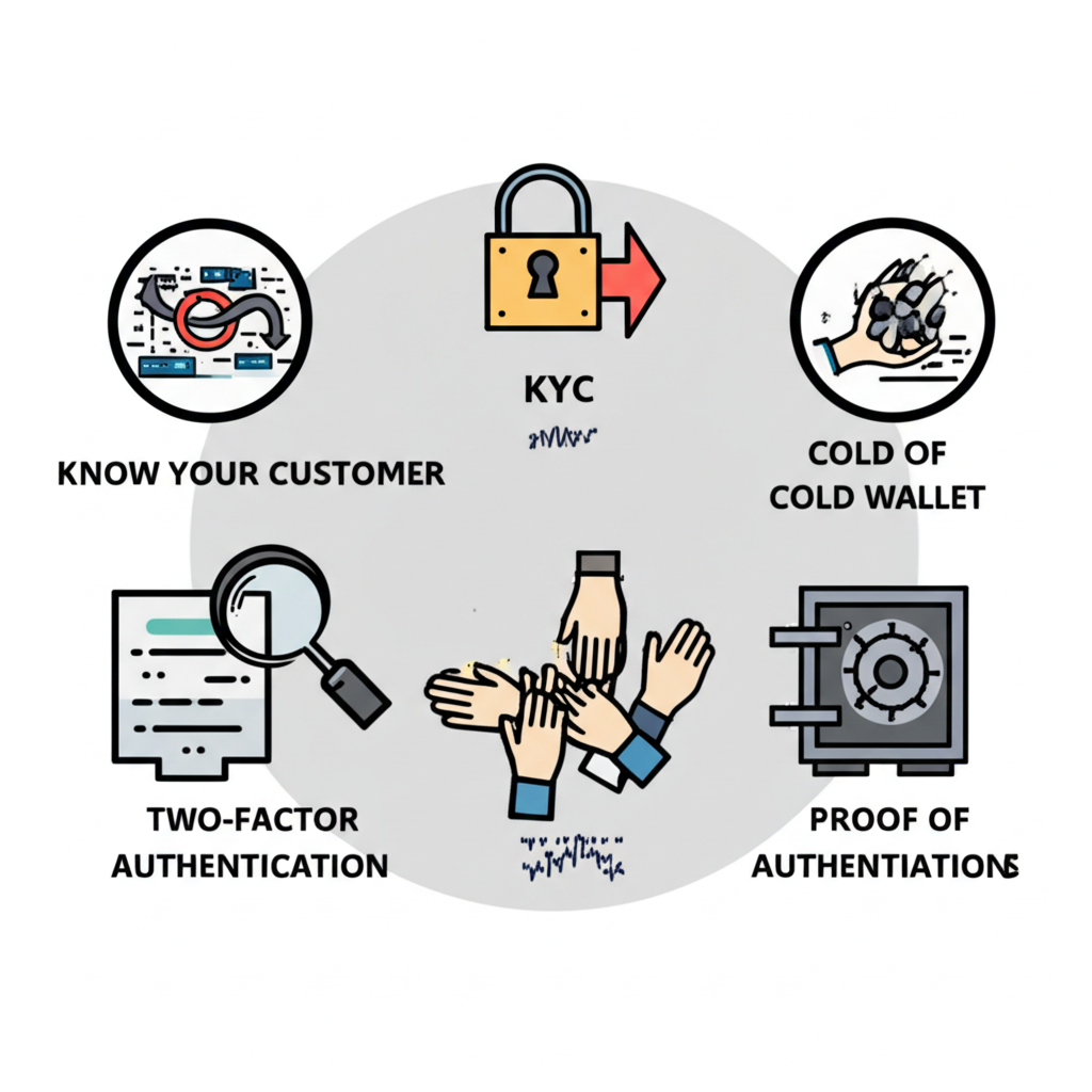 虛擬貨幣交易安全機制圖解，包含KYC、雙重驗證、冷錢包與多簽名技術